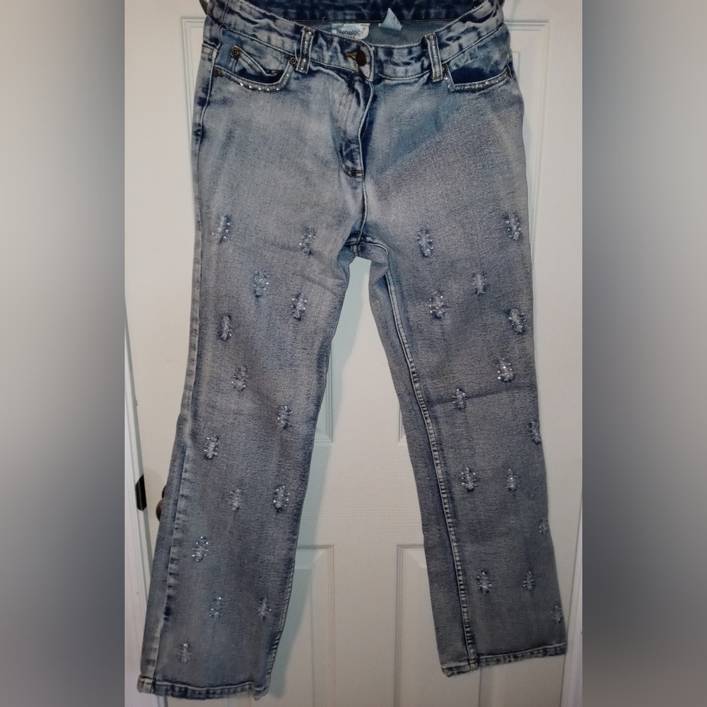 Jeanology Collection Jeans! Distressed rhinestone embellished mid rise jeans.